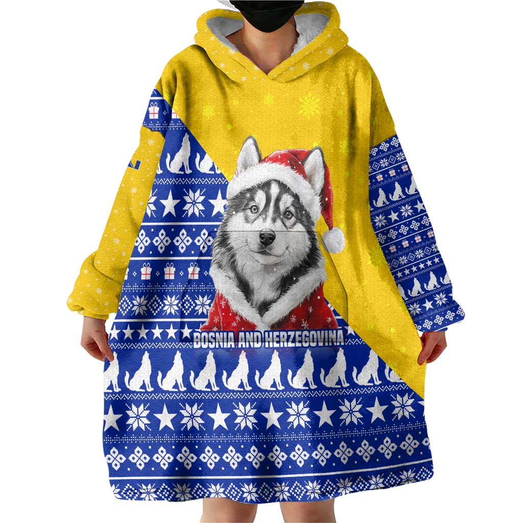 Bosnia and Herzegovina Christmas Wearable Blanket Hoodie with Husky Dog Santa Hat and Blue Yellow Snowflake Pattern - Wonder Print Shop