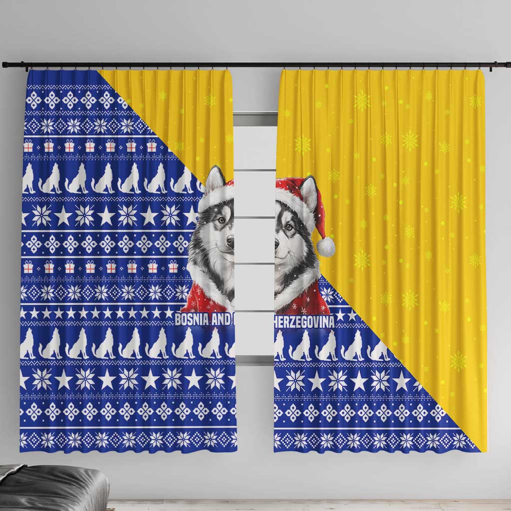 Bosnia and Herzegovina Christmas Window Curtain with Husky Dog Santa Hat and Blue Yellow Snowflake Pattern - Wonder Print Shop