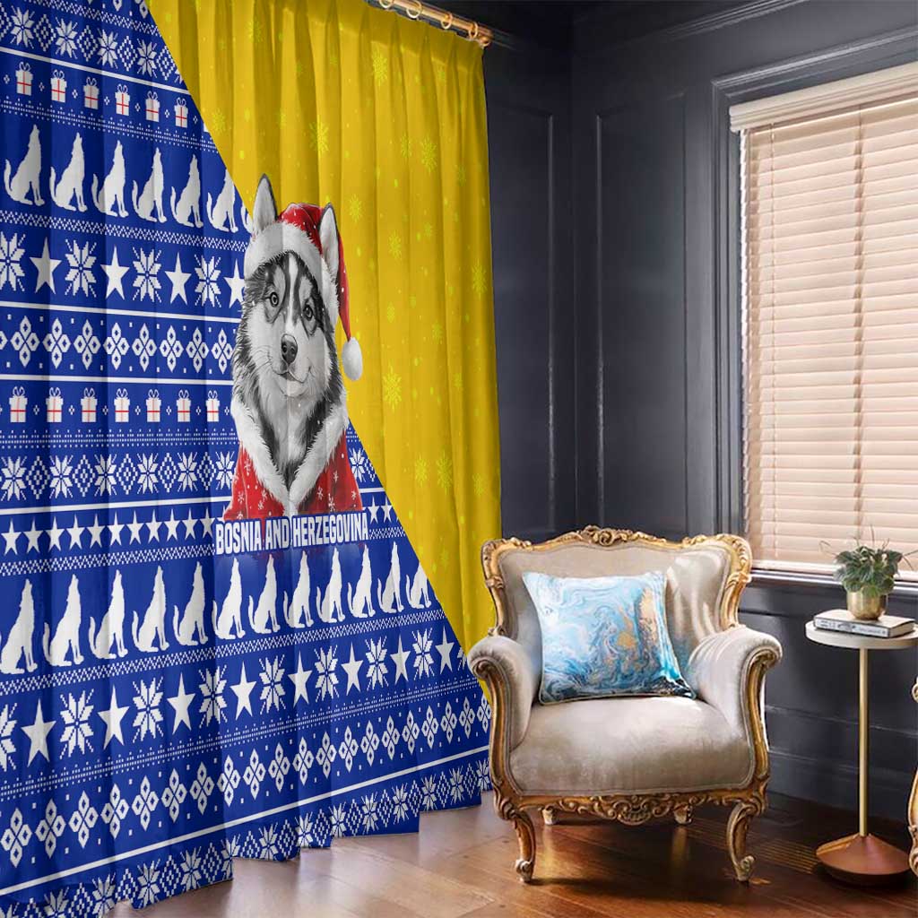 Bosnia and Herzegovina Christmas Window Curtain with Husky Dog Santa Hat and Blue Yellow Snowflake Pattern - Wonder Print Shop