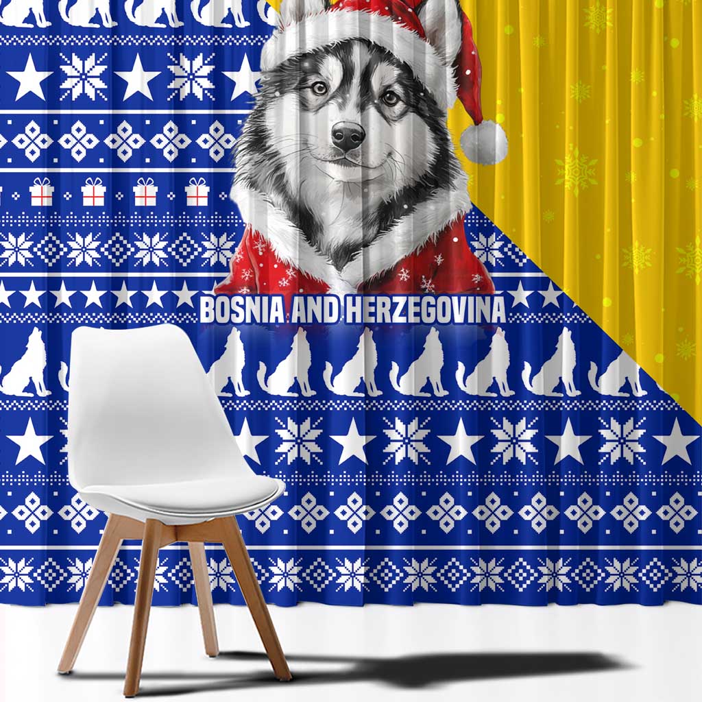 Bosnia and Herzegovina Christmas Window Curtain with Husky Dog Santa Hat and Blue Yellow Snowflake Pattern - Wonder Print Shop