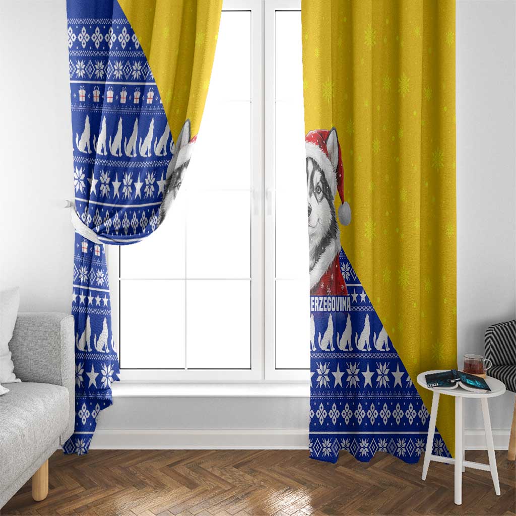 Bosnia and Herzegovina Christmas Window Curtain with Husky Dog Santa Hat and Blue Yellow Snowflake Pattern - Wonder Print Shop