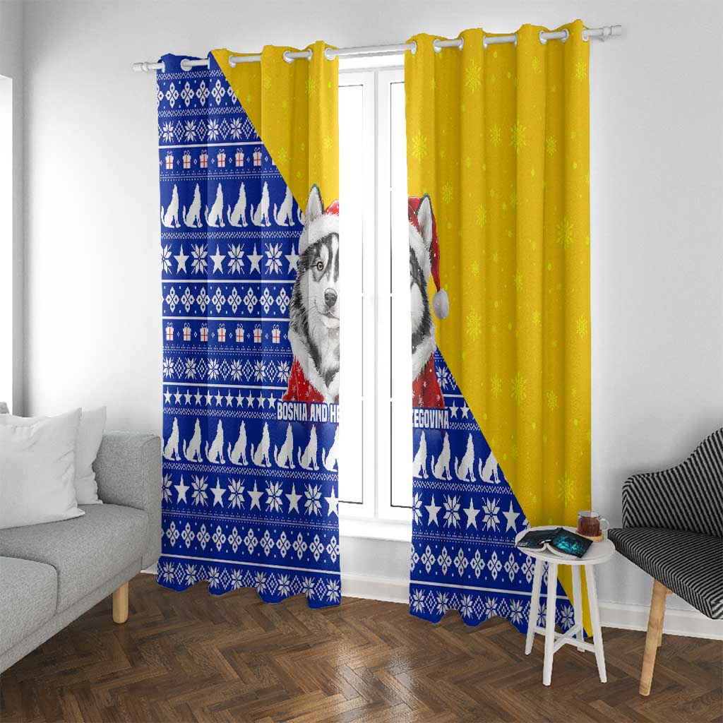 Bosnia and Herzegovina Christmas Window Curtain with Husky Dog Santa Hat and Blue Yellow Snowflake Pattern - Wonder Print Shop