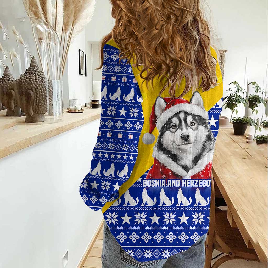 Bosnia and Herzegovina Christmas Women Casual Shirt with Husky Dog Santa Hat and Blue Yellow Snowflake Pattern - Wonder Print Shop