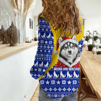 Bosnia and Herzegovina Christmas Women Casual Shirt with Husky Dog Santa Hat and Blue Yellow Snowflake Pattern - Wonder Print Shop
