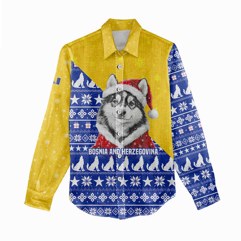 Bosnia and Herzegovina Christmas Women Casual Shirt with Husky Dog Santa Hat and Blue Yellow Snowflake Pattern - Wonder Print Shop