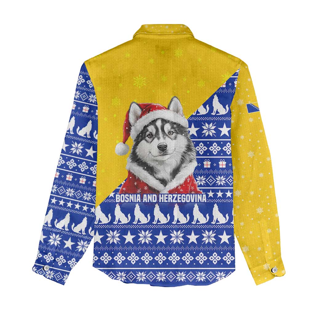 Bosnia and Herzegovina Christmas Women Casual Shirt with Husky Dog Santa Hat and Blue Yellow Snowflake Pattern - Wonder Print Shop