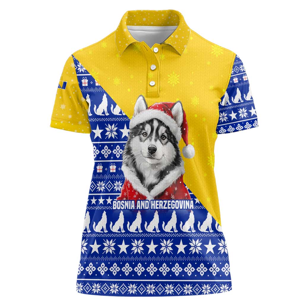 Bosnia and Herzegovina Christmas Women Polo Shirt with Husky Dog Santa Hat and Blue Yellow Snowflake Pattern - Wonder Print Shop