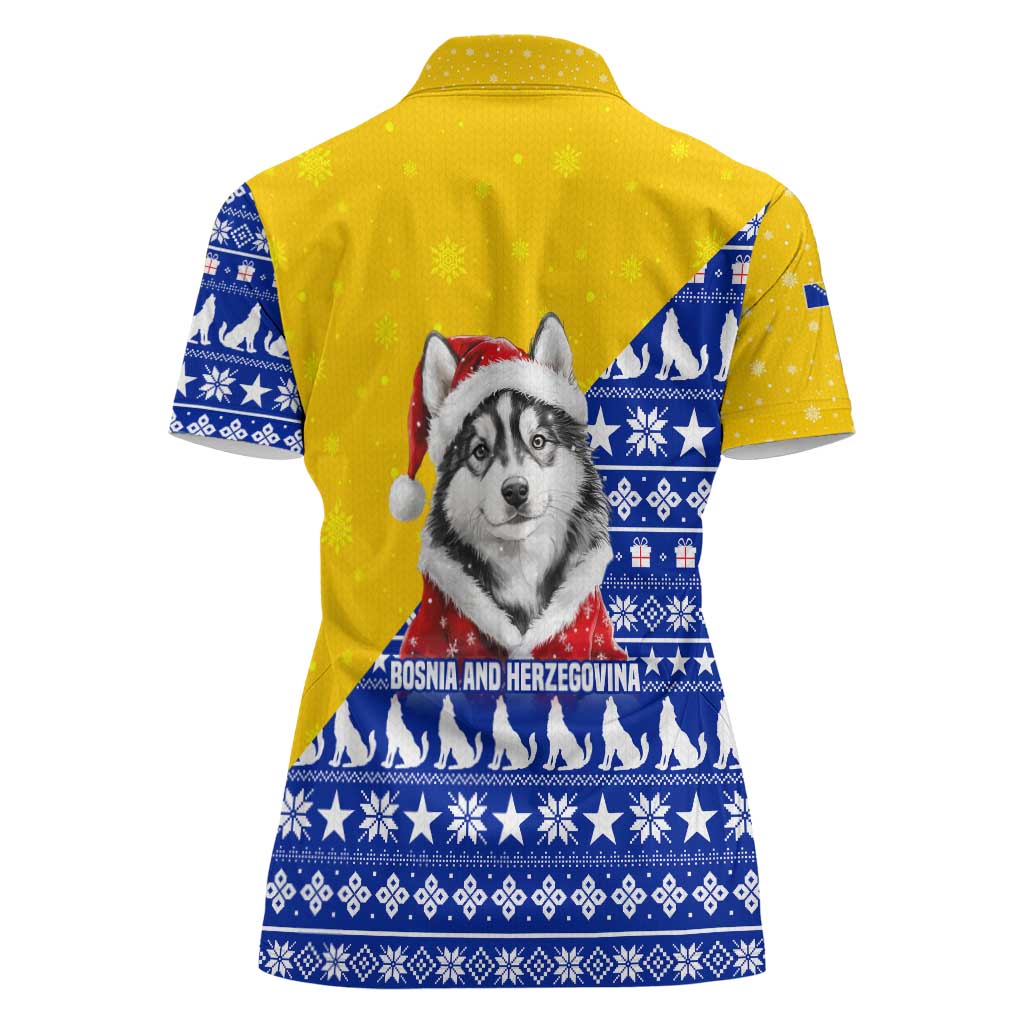 Bosnia and Herzegovina Christmas Women Polo Shirt with Husky Dog Santa Hat and Blue Yellow Snowflake Pattern - Wonder Print Shop
