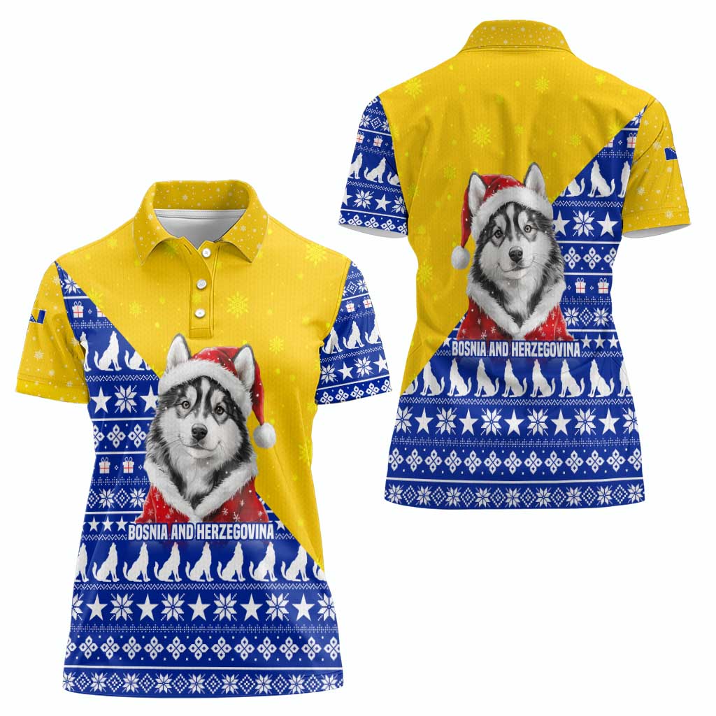 Bosnia and Herzegovina Christmas Women Polo Shirt with Husky Dog Santa Hat and Blue Yellow Snowflake Pattern - Wonder Print Shop