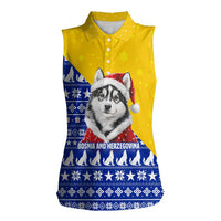 Bosnia and Herzegovina Christmas Women Sleeveless Polo Shirt with Husky Dog Santa Hat and Blue Yellow Snowflake Pattern - Wonder Print Shop