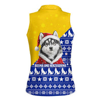 Bosnia and Herzegovina Christmas Women Sleeveless Polo Shirt with Husky Dog Santa Hat and Blue Yellow Snowflake Pattern - Wonder Print Shop