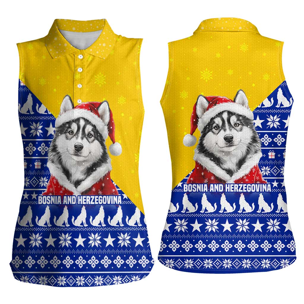 Bosnia and Herzegovina Christmas Women Sleeveless Polo Shirt with Husky Dog Santa Hat and Blue Yellow Snowflake Pattern - Wonder Print Shop