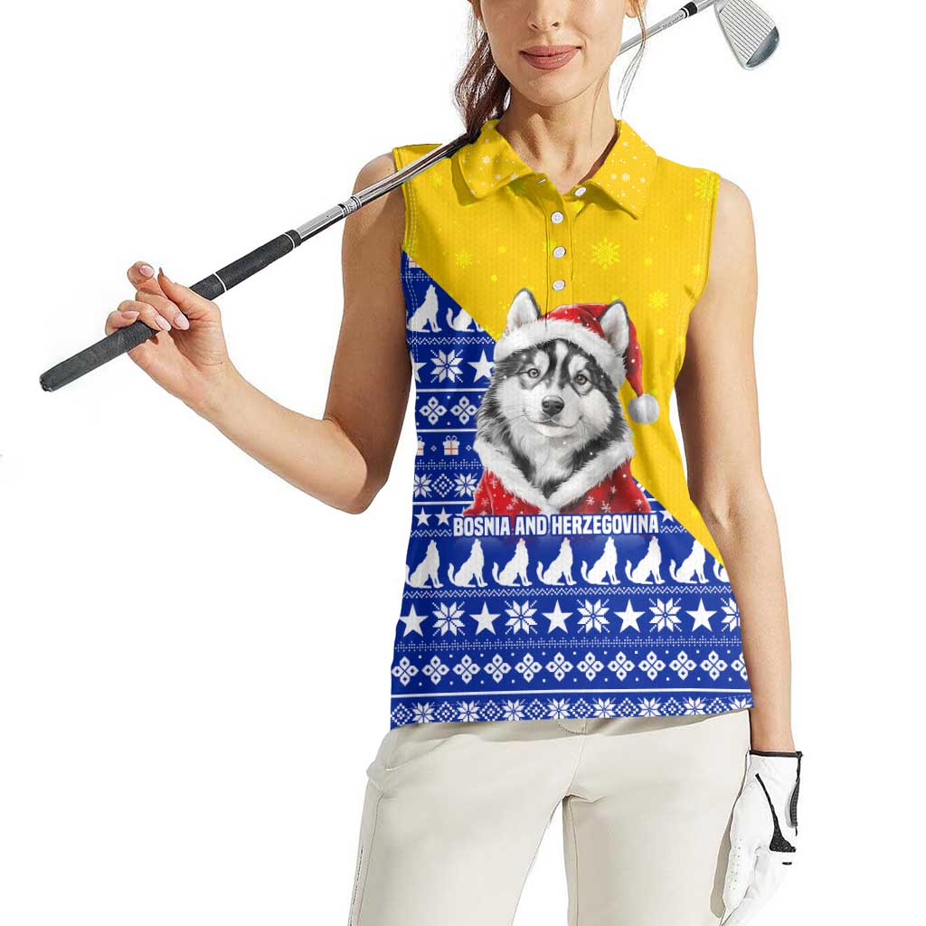 Bosnia and Herzegovina Christmas Women Sleeveless Polo Shirt with Husky Dog Santa Hat and Blue Yellow Snowflake Pattern - Wonder Print Shop