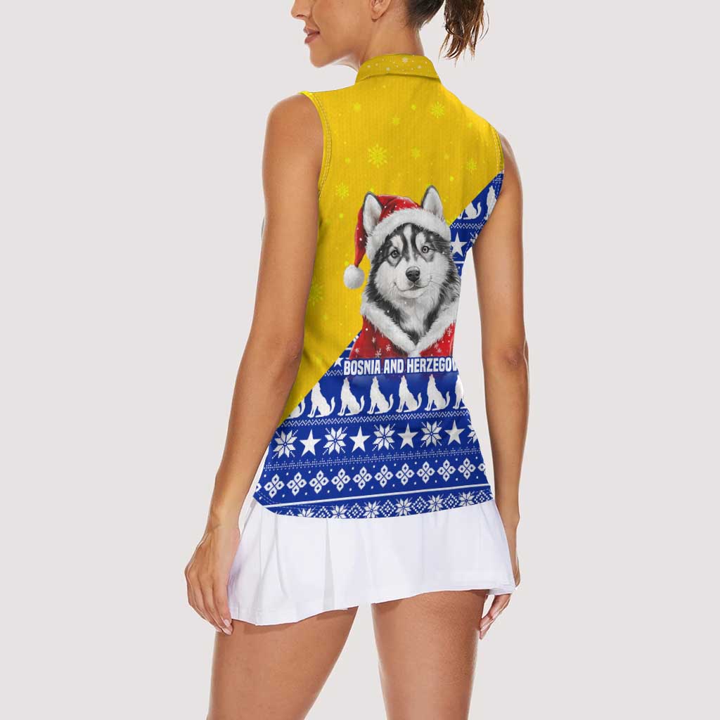 Bosnia and Herzegovina Christmas Women Sleeveless Polo Shirt with Husky Dog Santa Hat and Blue Yellow Snowflake Pattern - Wonder Print Shop