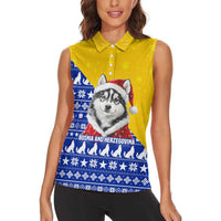 Bosnia and Herzegovina Christmas Women Sleeveless Polo Shirt with Husky Dog Santa Hat and Blue Yellow Snowflake Pattern - Wonder Print Shop