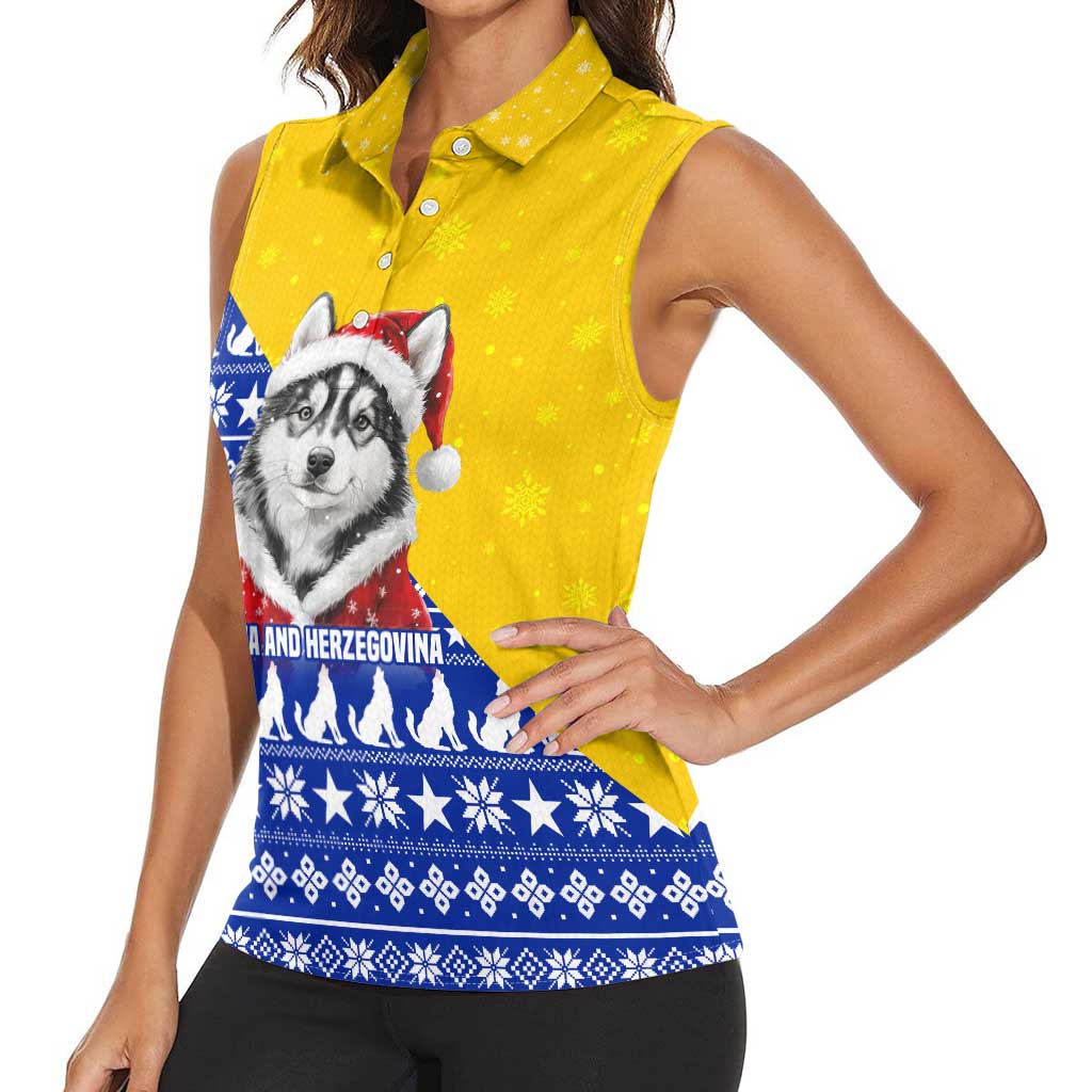 Bosnia and Herzegovina Christmas Women Sleeveless Polo Shirt with Husky Dog Santa Hat and Blue Yellow Snowflake Pattern - Wonder Print Shop