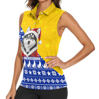 Bosnia and Herzegovina Christmas Women Sleeveless Polo Shirt with Husky Dog Santa Hat and Blue Yellow Snowflake Pattern - Wonder Print Shop
