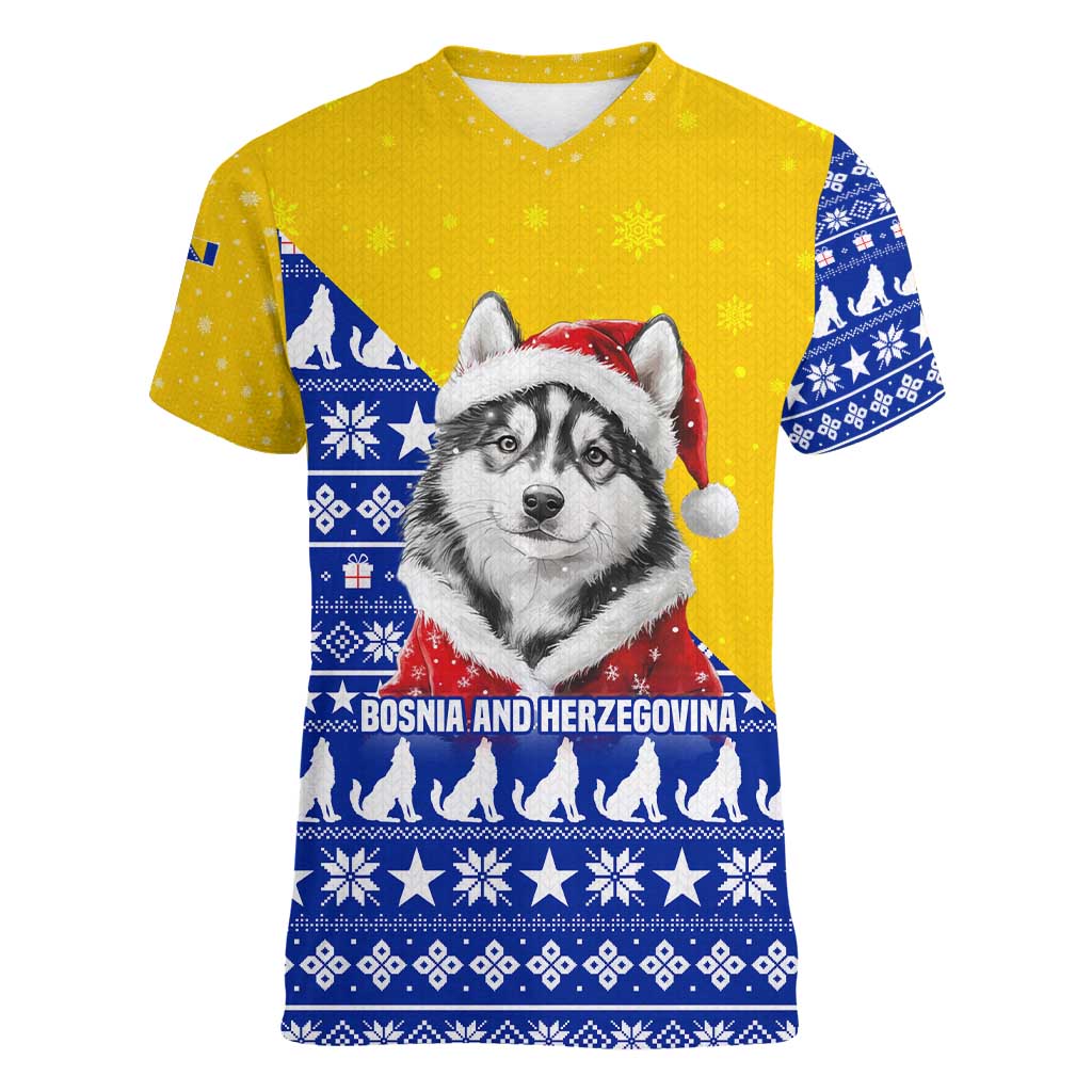 Bosnia and Herzegovina Christmas Women V-Neck T-Shirt with Husky Dog Santa Hat and Blue Yellow Snowflake Pattern - Wonder Print Shop