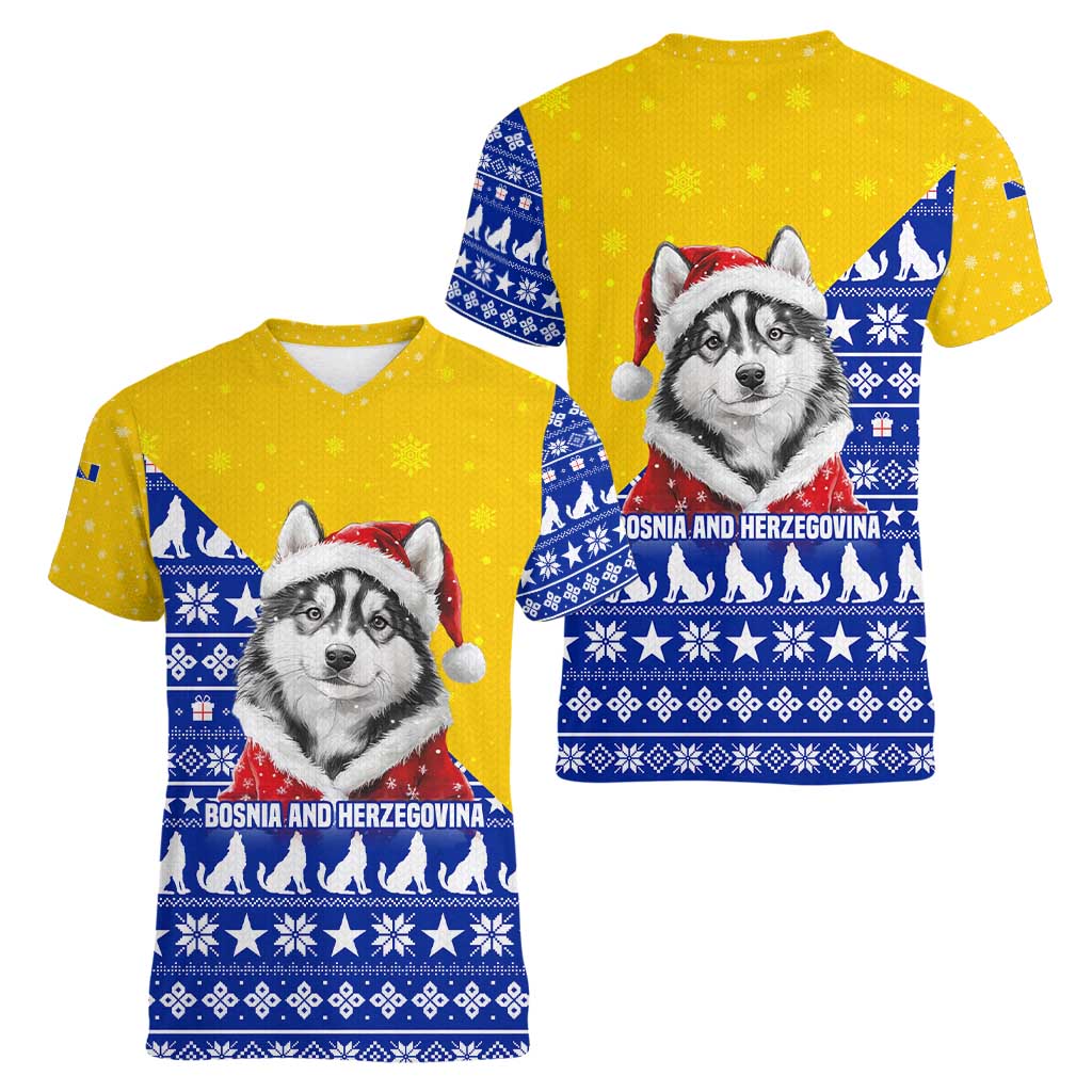 Bosnia and Herzegovina Christmas Women V-Neck T-Shirt with Husky Dog Santa Hat and Blue Yellow Snowflake Pattern - Wonder Print Shop