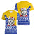 Bosnia and Herzegovina Christmas Women V-Neck T-Shirt with Husky Dog Santa Hat and Blue Yellow Snowflake Pattern - Wonder Print Shop
