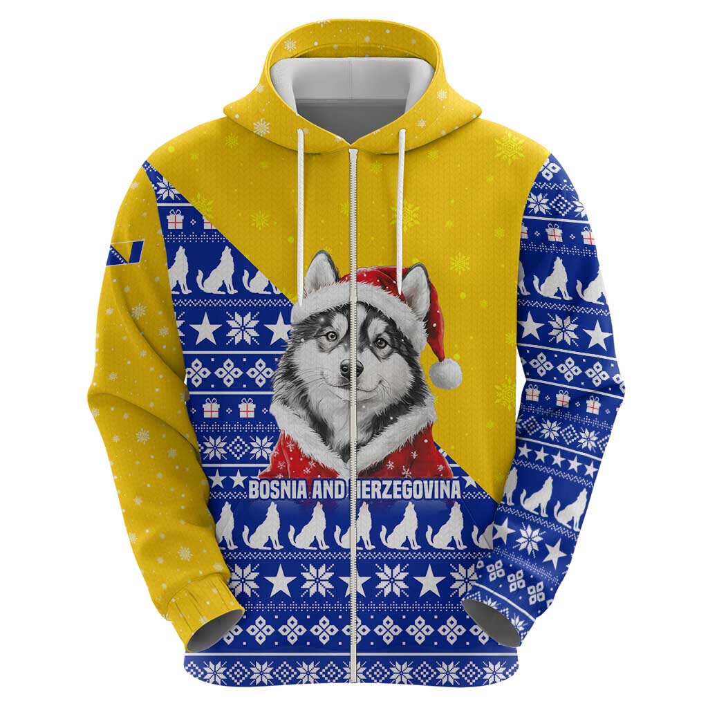 Bosnia and Herzegovina Christmas Zip Hoodie with Husky Dog Santa Hat and Blue Yellow Snowflake Pattern - Wonder Print Shop