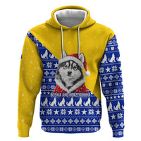 Bosnia and Herzegovina Christmas Zip Hoodie with Husky Dog Santa Hat and Blue Yellow Snowflake Pattern - Wonder Print Shop