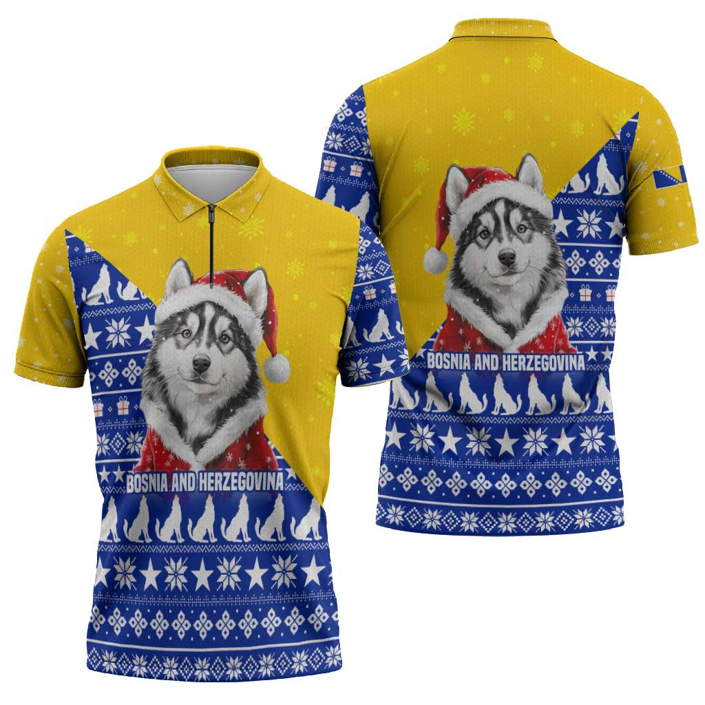 Bosnia and Herzegovina Christmas Zipper Polo Shirt with Husky Dog Santa Hat and Blue Yellow Snowflake Pattern - Wonder Print Shop