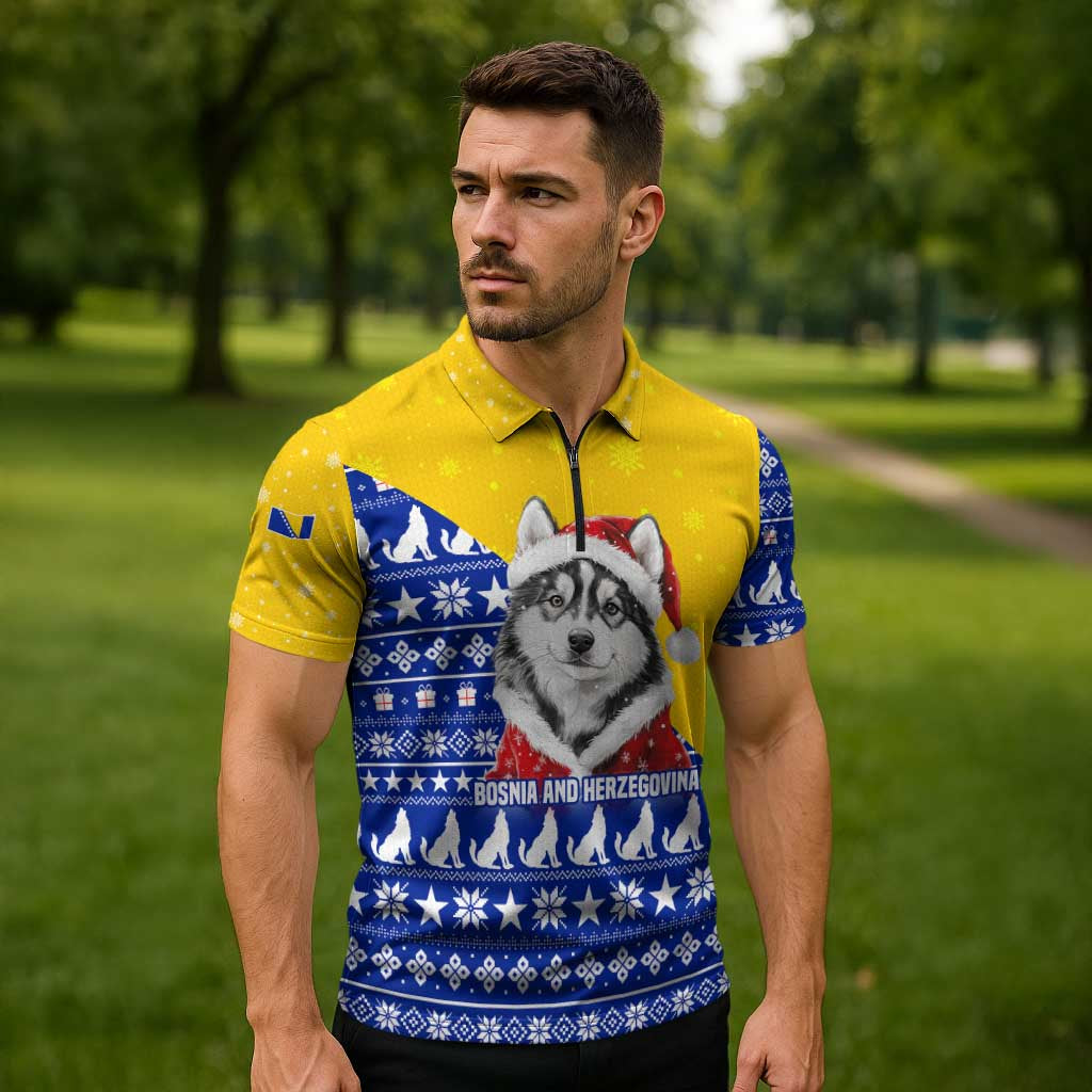 Bosnia and Herzegovina Christmas Zipper Polo Shirt with Husky Dog Santa Hat and Blue Yellow Snowflake Pattern - Wonder Print Shop