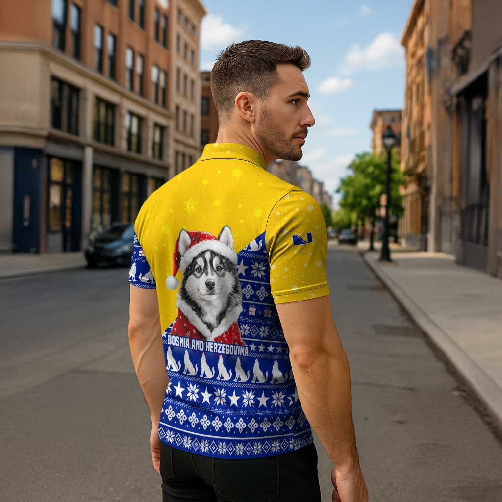 Bosnia and Herzegovina Christmas Zipper Polo Shirt with Husky Dog Santa Hat and Blue Yellow Snowflake Pattern - Wonder Print Shop