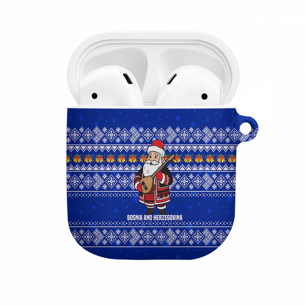 Bosnia and Herzegovina Christmas AirPods Case with Santa Playing Traditional Instrument and Blue Snowflake Pattern - Wonder Print Shop