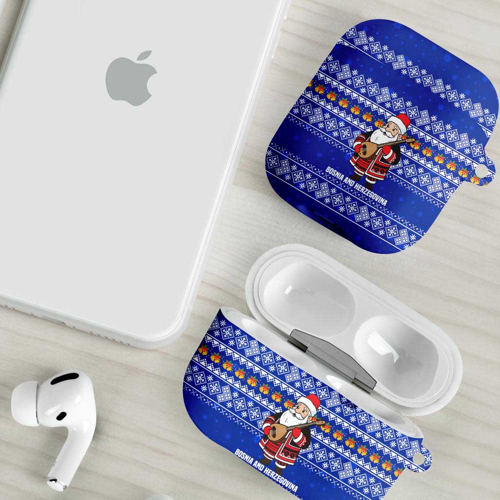 Bosnia and Herzegovina Christmas AirPods Case with Santa Playing Traditional Instrument and Blue Snowflake Pattern - Wonder Print Shop