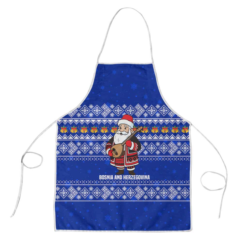 Bosnia and Herzegovina Christmas Apron with Santa Playing Traditional Instrument and Blue Snowflake Pattern - Wonder Print Shop