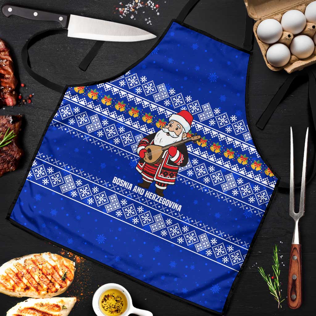 Bosnia and Herzegovina Christmas Apron with Santa Playing Traditional Instrument and Blue Snowflake Pattern - Wonder Print Shop