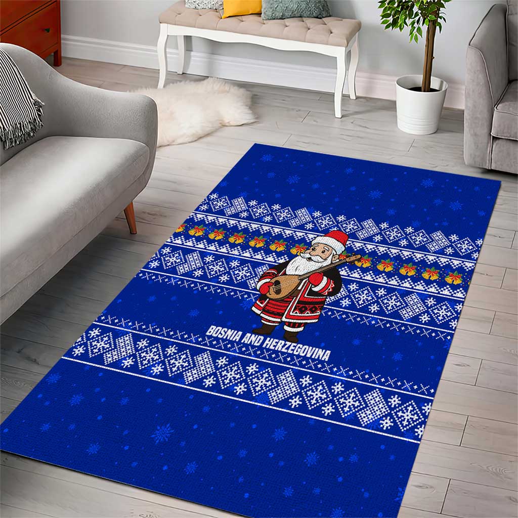 Bosnia and Herzegovina Christmas Area Rug with Santa Playing Traditional Instrument and Blue Snowflake Pattern - Wonder Print Shop
