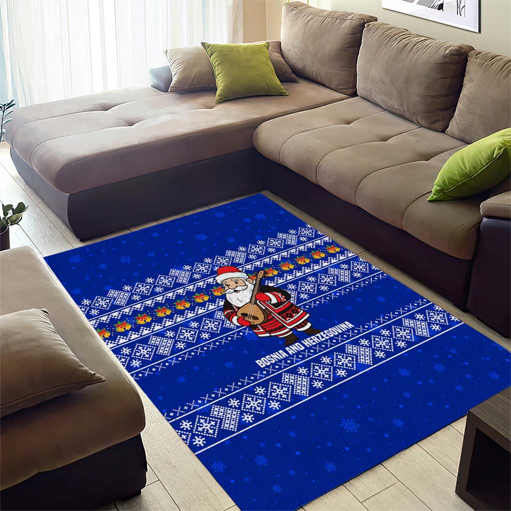 Bosnia and Herzegovina Christmas Area Rug with Santa Playing Traditional Instrument and Blue Snowflake Pattern - Wonder Print Shop