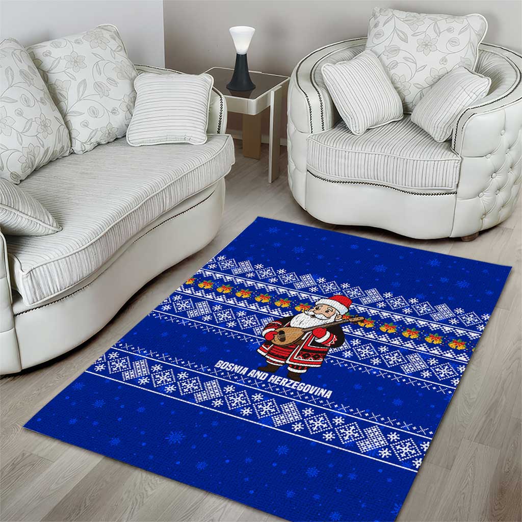 Bosnia and Herzegovina Christmas Area Rug with Santa Playing Traditional Instrument and Blue Snowflake Pattern - Wonder Print Shop