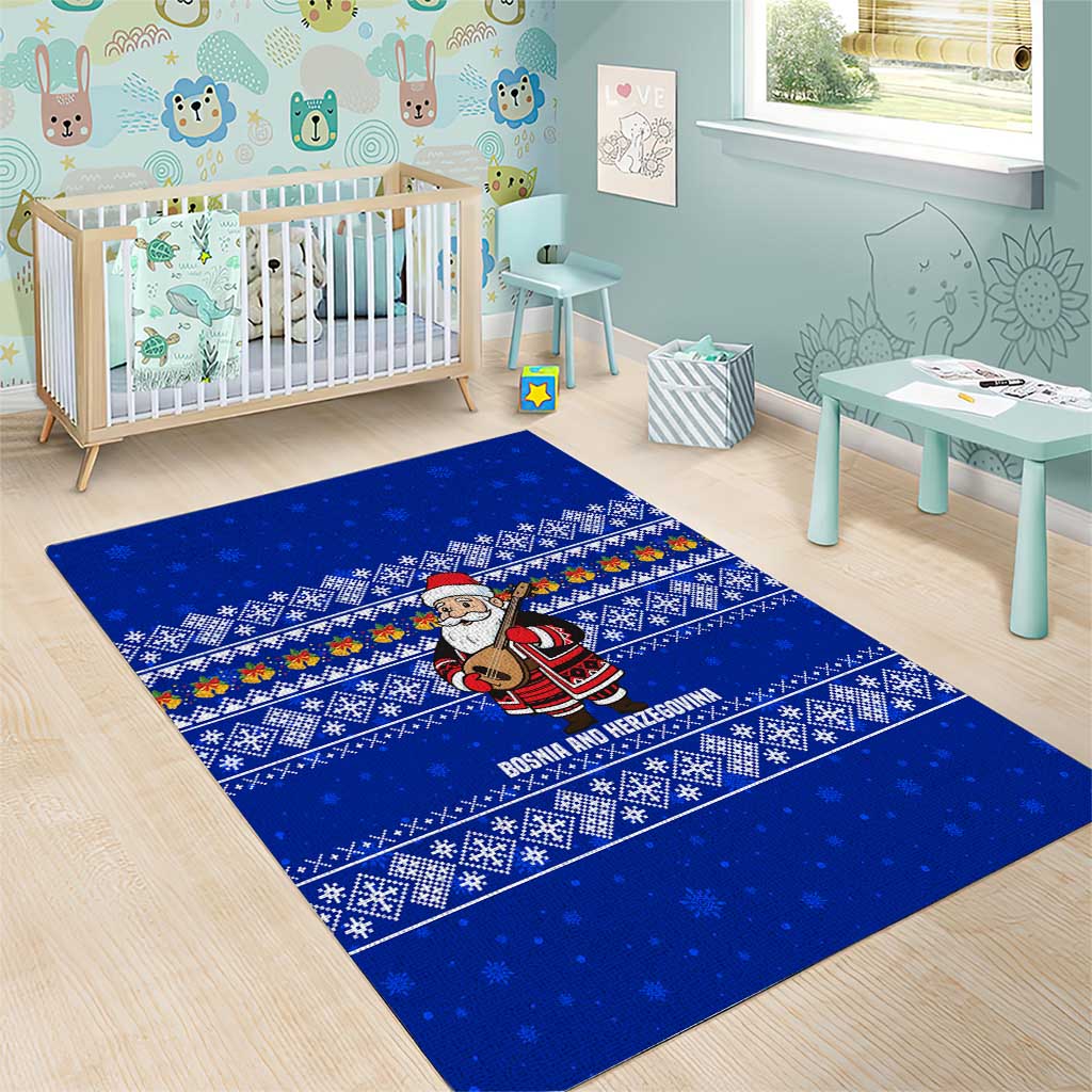 Bosnia and Herzegovina Christmas Area Rug with Santa Playing Traditional Instrument and Blue Snowflake Pattern - Wonder Print Shop