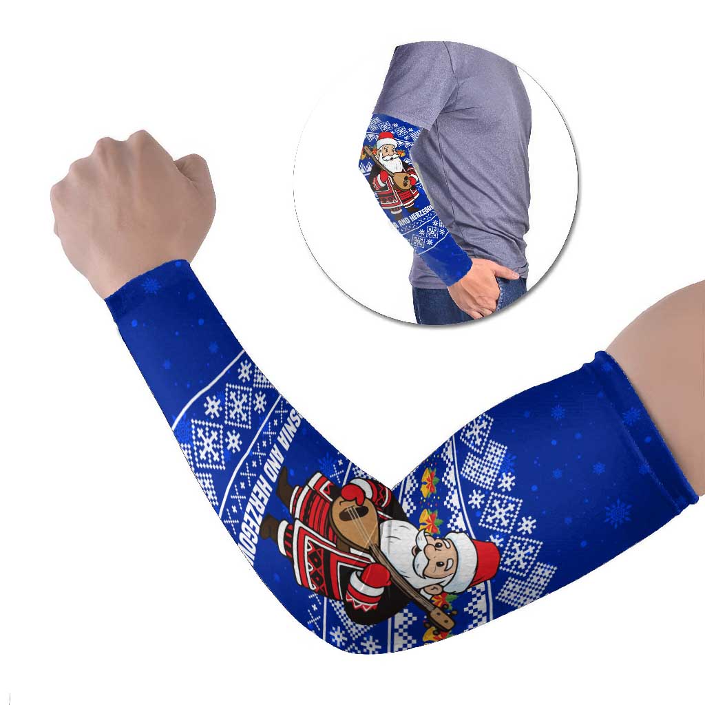 Bosnia and Herzegovina Christmas Arm Sleeves with Santa Playing Traditional Instrument and Blue Snowflake Pattern - Wonder Print Shop