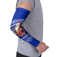 Bosnia and Herzegovina Christmas Arm Sleeves with Santa Playing Traditional Instrument and Blue Snowflake Pattern - Wonder Print Shop