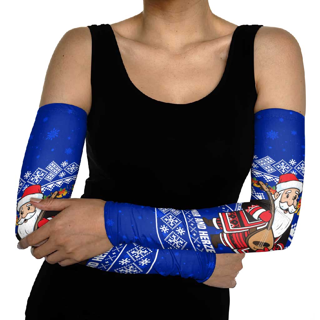 Bosnia and Herzegovina Christmas Arm Sleeves with Santa Playing Traditional Instrument and Blue Snowflake Pattern - Wonder Print Shop