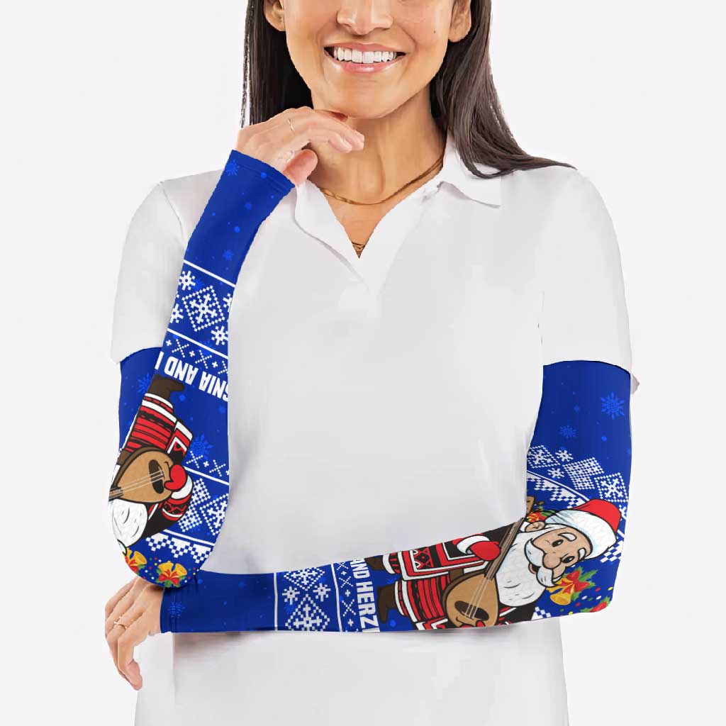Bosnia and Herzegovina Christmas Arm Sleeves with Santa Playing Traditional Instrument and Blue Snowflake Pattern - Wonder Print Shop
