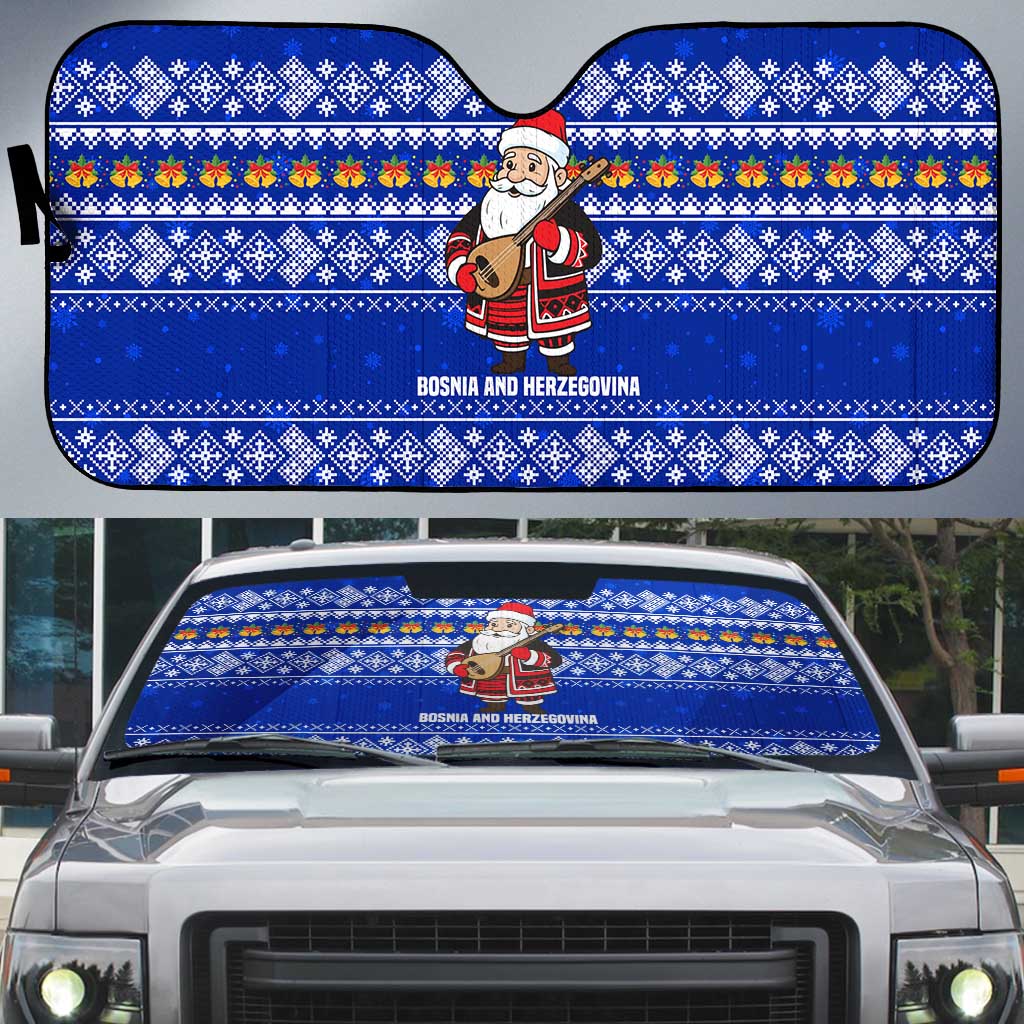 Bosnia and Herzegovina Christmas Auto Sun Shade with Santa Playing Traditional Instrument and Blue Snowflake Pattern - Wonder Print Shop