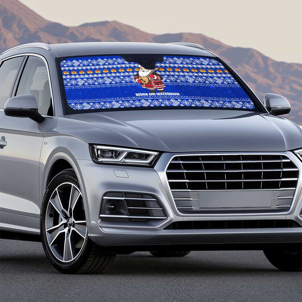 Bosnia and Herzegovina Christmas Auto Sun Shade with Santa Playing Traditional Instrument and Blue Snowflake Pattern - Wonder Print Shop