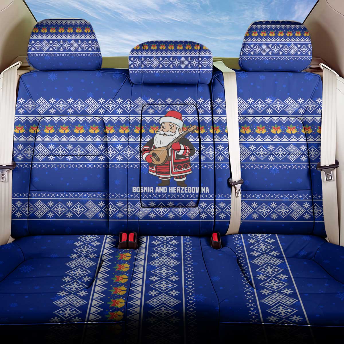 Bosnia and Herzegovina Christmas Back Car Seat Cover with Santa Playing Traditional Instrument and Blue Snowflake Pattern - Wonder Print Shop
