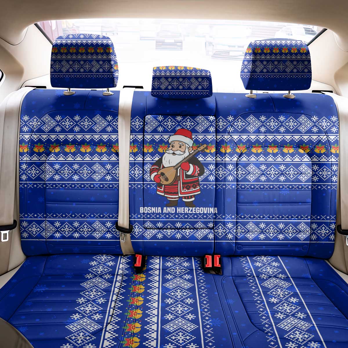 Bosnia and Herzegovina Christmas Back Car Seat Cover with Santa Playing Traditional Instrument and Blue Snowflake Pattern - Wonder Print Shop