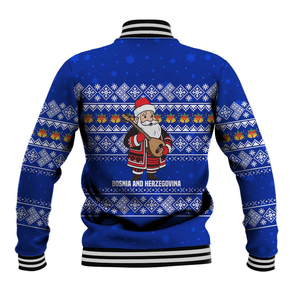 Bosnia and Herzegovina Christmas Baseball Jacket with Santa Playing Traditional Instrument and Blue Snowflake Pattern - Wonder Print Shop