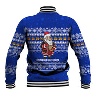 Bosnia and Herzegovina Christmas Baseball Jacket with Santa Playing Traditional Instrument and Blue Snowflake Pattern - Wonder Print Shop