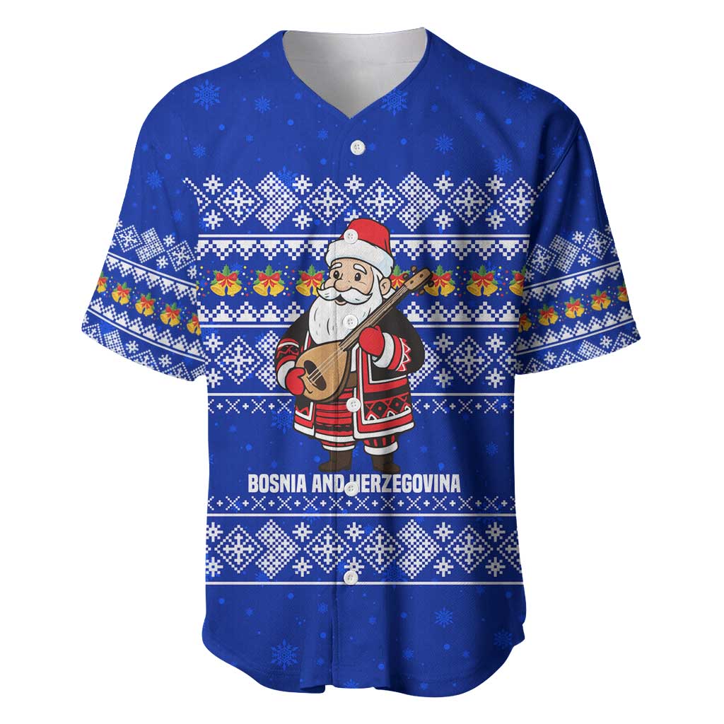 Bosnia and Herzegovina Christmas Baseball Jersey with Santa Playing Traditional Instrument and Blue Snowflake Pattern - Wonder Print Shop