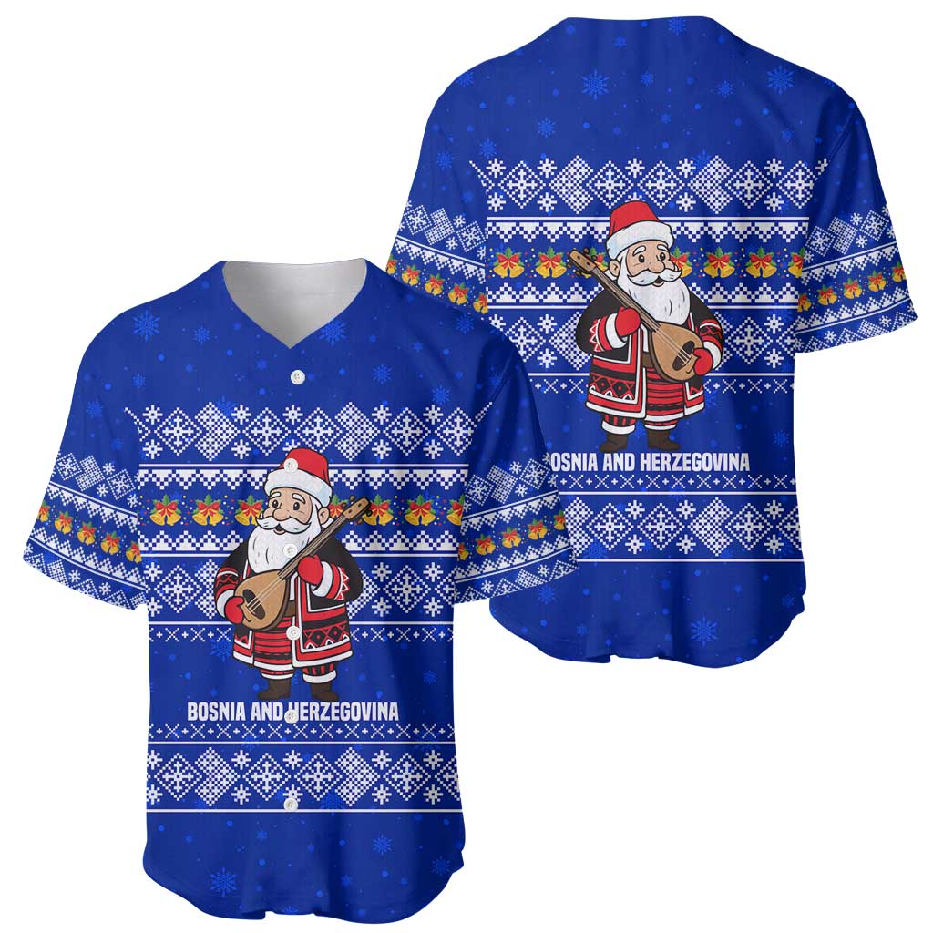 Bosnia and Herzegovina Christmas Baseball Jersey with Santa Playing Traditional Instrument and Blue Snowflake Pattern - Wonder Print Shop