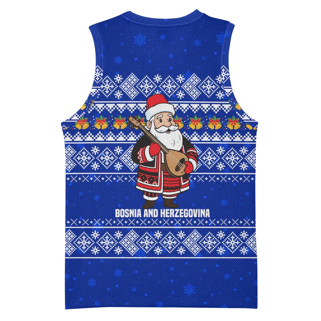 Bosnia and Herzegovina Christmas Basketball Jersey with Santa Playing Traditional Instrument and Blue Snowflake Pattern - Wonder Print Shop